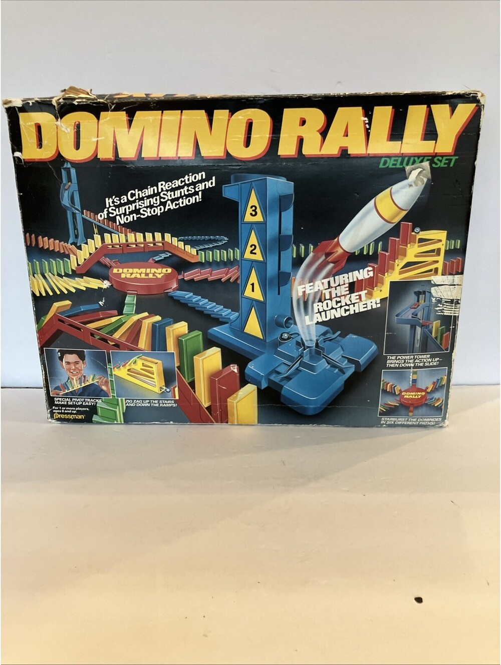 Vintage 1989 Pressman game Domino Rally chain reaction stunts Fun In Box